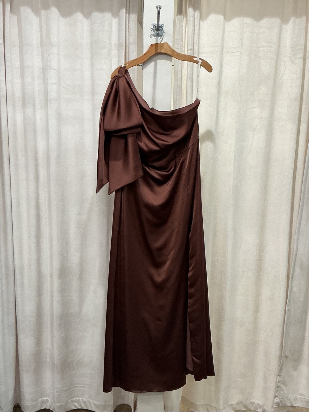 Dessy Collection One-Shoulder Satin Dress in Chocolate Brown